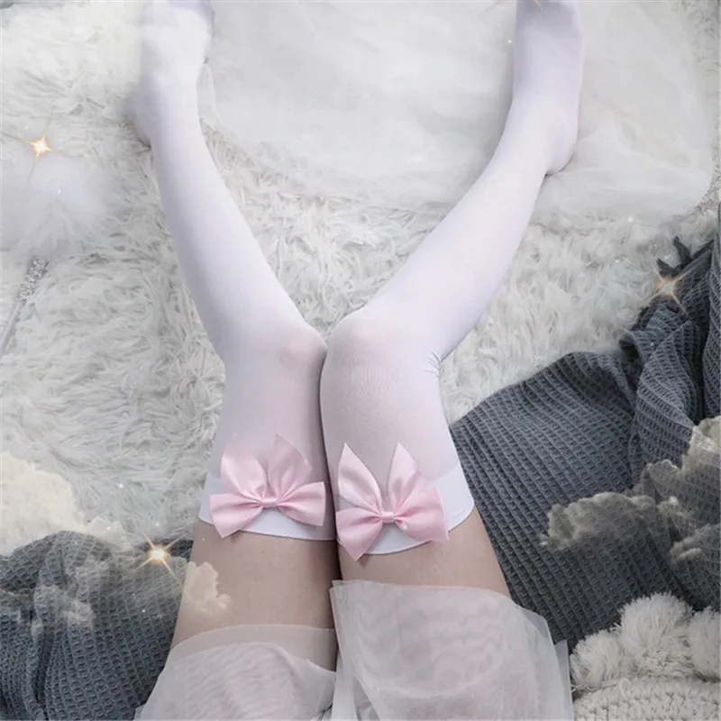 Pink Bow Stay-Up Thigh-High Stockings - Sweet Kawaii Sheer Silk Socks with Oversized Bows (White/Pink/Black) 1 Pink Bow Stay-Up Thigh-High Stockings - Sweet Kawaii Sheer Silk Socks with Oversized Bows (White/Pink/Black) 1