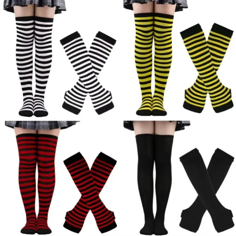 Striped Thigh High Socks & Arm Sleeves Set: Lolita Goth Cosplay Over-Knee Stockings with Fingerless Mittens 2 Striped Thigh High Socks & Arm Sleeves Set: Lolita Goth Cosplay Over-Knee Stockings with Fingerless Mittens 2