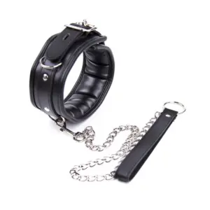 Red & Black Leather Bondage Collar – Thick Sponge Padding + Metal Chain Leash Ring, Light to Medium BDSM Restraint Collar 5