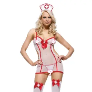 Sexy Naughty Nurse Lingerie Cosplay - White Red Mini Dress Set with Cap, Bra & Ruffled Skirt 6