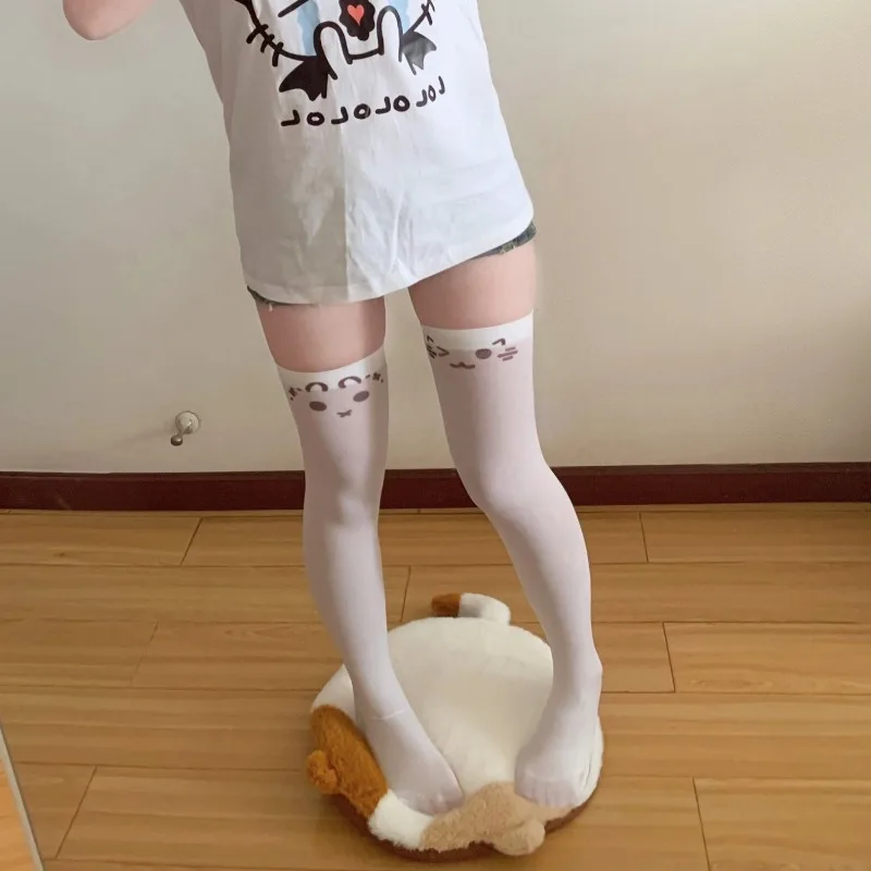 Kawaii Cat Expression Thigh-High Stockings - Cute Printed Over-Knee Socks (White/Black, Harajuku JK Style) 4 Kawaii Cat Expression Thigh-High Stockings - Cute Printed Over-Knee Socks (White/Black, Harajuku JK Style) 4