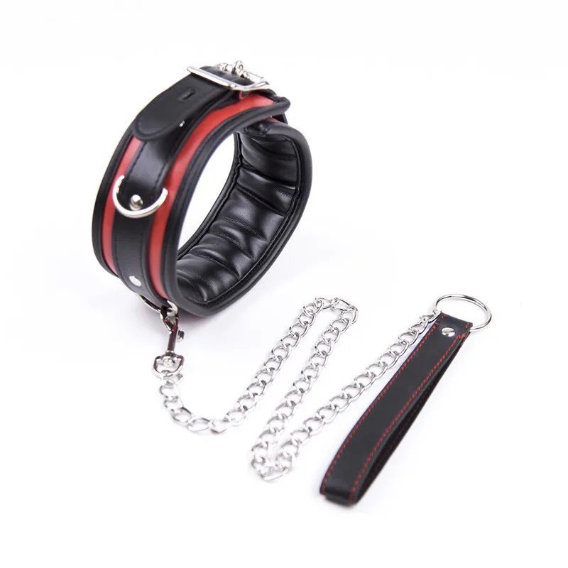 Red & Black Leather Bondage Collar – Thick Sponge Padding + Metal Chain Leash Ring, Light to Medium BDSM Restraint Collar 12 3650871404