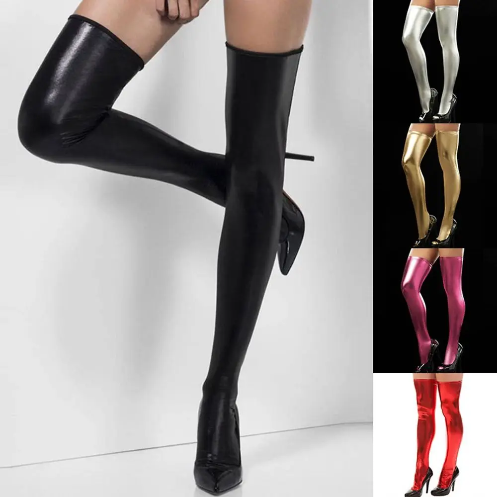 PU Leather Thigh-High Stockings - Glossy Over-Knee Socks with Wet-Look Shine (Black/Red/Silver/Gold) 1 PU Leather Thigh-High Stockings - Glossy Over-Knee Socks with Wet-Look Shine (Black/Red/Silver/Gold) 1