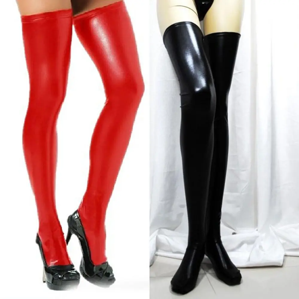 PU Leather Thigh-High Stockings - Glossy Over-Knee Socks with Wet-Look Shine (Black/Red/Silver/Gold) 14 3737432386