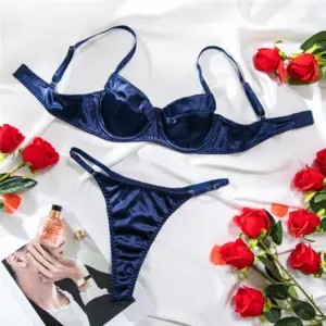 Solid Satin Sexy Lingerie Set - Navy/Red Ultra-Thin Seamless Bra & Thong - Romantic Glossy Erotic 2-Piece Underwear 1