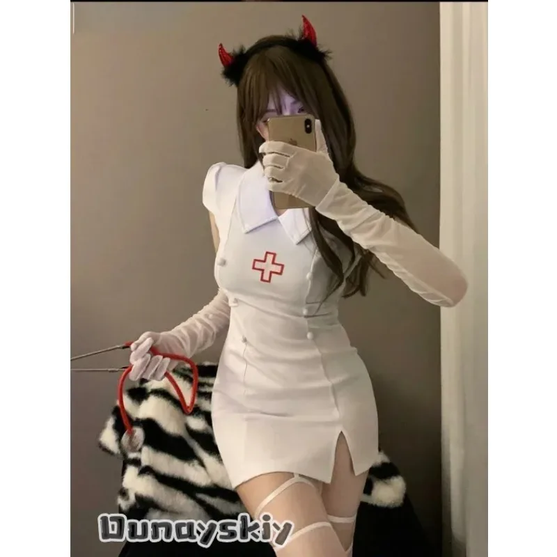 Sexy Devil Nurse Cosplay Costume - Black White Dark Nurse Uniform with Horns, Hat & Gloves 6 Sexy Devil Nurse Cosplay Costume - Black White Dark Nurse Uniform with Horns, Hat & Gloves 6