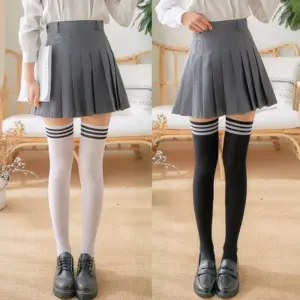 Lolita Thigh-High Socks – Solid Color Over-Knee Tights Black/White 1