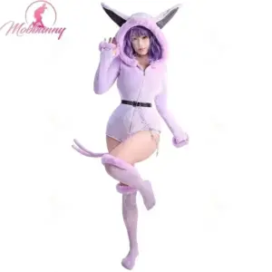 Mobbunny Espeon Inspired Hooded Plush Bodysuit Cosplay - Purple Fluffy Jumpsuit with Tail & Ears 2