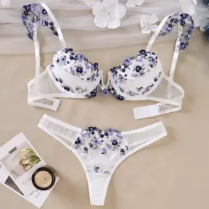 Floral Embroidery See-Through Lingerie Set - Blue-Purple Push-Up Bra & Thong - White Semi-Transparent Lace Luxury 2-Piece Exotic Underwear 1