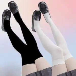Solid Color Thigh-High Lolita Socks – Black/White Over-Knee Tights 1