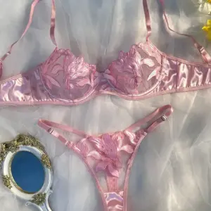 Pink Fairy Embroidery Lingerie Set - Satin Push-Up Bra & Thong with Sheer Lace 1