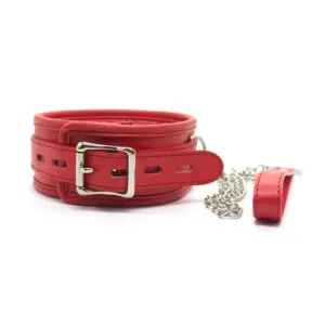 Red & Black Leather Bondage Collar – Thick Sponge Padding + Metal Chain Leash Ring, Light to Medium BDSM Restraint Collar 6
