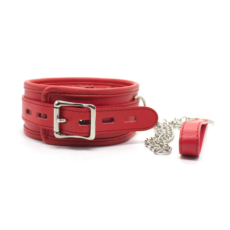 Red & Black Leather Bondage Collar – Thick Sponge Padding + Metal Chain Leash Ring, Light to Medium BDSM Restraint Collar 10 808757440