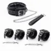 Leather Bondage Kit – Collar + Handcuffs + Short Chain + Leash, 4-Piece Set, BDSM Couples Light-Medium Restraint Set 1
