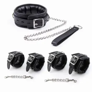 Leather Bondage Kit – Collar + Handcuffs + Short Chain + Leash, 4-Piece Set, BDSM Couples Light-Medium Restraint Set 1