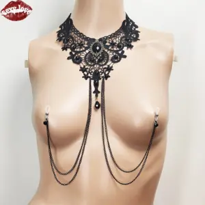 Lace Choker with Multi-Layer Breast Chain & Nipple Clamps – Black Gothic Palace Style Body Chain, Sexy Chest Harness Jewelry 2