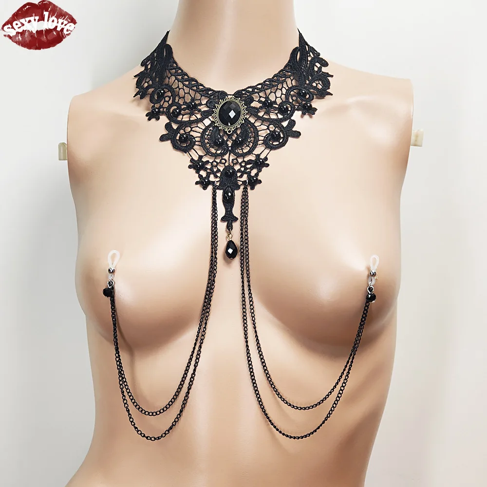 Lace Choker with Multi-Layer Breast Chain & Nipple Clamps – Black Gothic Palace Style Body Chain, Sexy Chest Harness Jewelry 12 961778149
