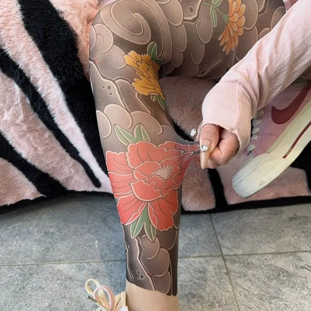 Sexy Fake Tattoo Peony Mesh Tights – Sheer Printed Pantyhose 19 1114699518