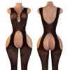 Black Deep V Open Crotch Bodystocking – Sexy Sheer Teddy Lingerie 1