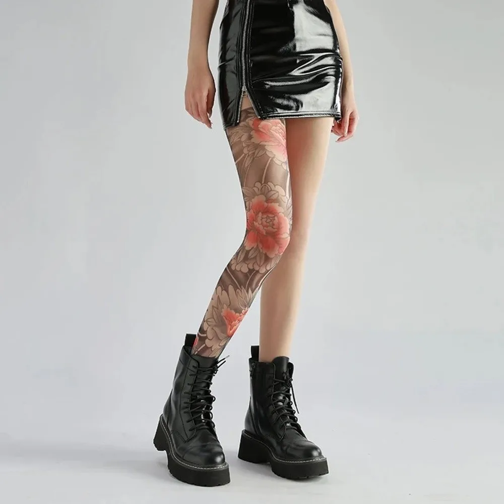 Sexy Fake Tattoo Peony Mesh Tights – Sheer Printed Pantyhose 11 1916325859
