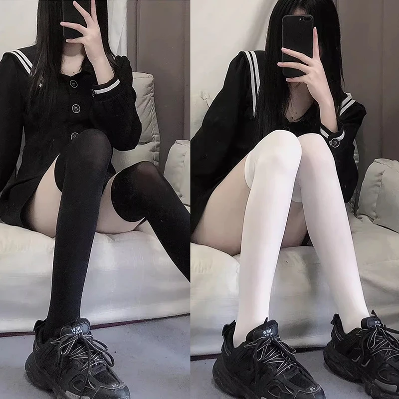Black White Thigh High Stockings – Ultra Thin JK Lolita Socks 1 Black White Thigh High Stockings – Ultra Thin JK Lolita Socks 2