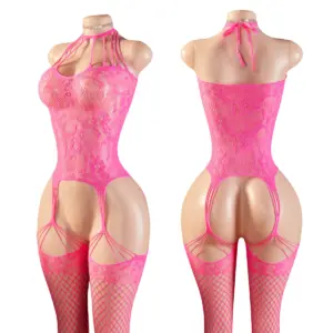 Pink Fishnet Open Crotch Garter Bodystocking – Sexy Halter Teddy Lingerie 1
