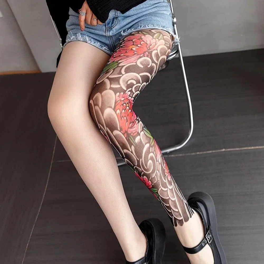 Sexy Fake Tattoo Peony Mesh Tights – Sheer Printed Pantyhose 15 3009078713