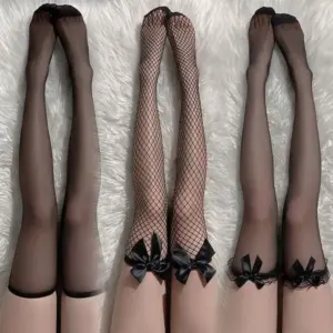Black White Fishnet Bow Thigh High Stockings – Lolita Gothic Socks 6