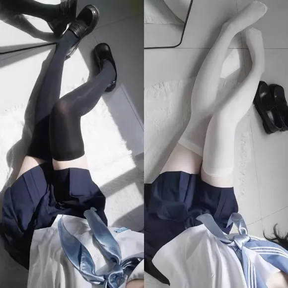 Black White Thigh High Stockings – Ultra Thin JK Lolita Socks 3 Black White Thigh High Stockings – Ultra Thin JK Lolita Socks 3