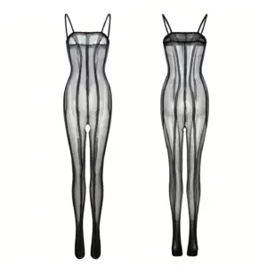 Black Striped Open Crotch Bodystocking – Sexy Sheer Teddy Lingerie 6