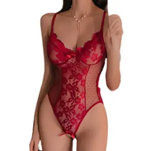 Red Lace Open Crotch Bodysuit – Sexy Deep V Teddy Lingerie 1