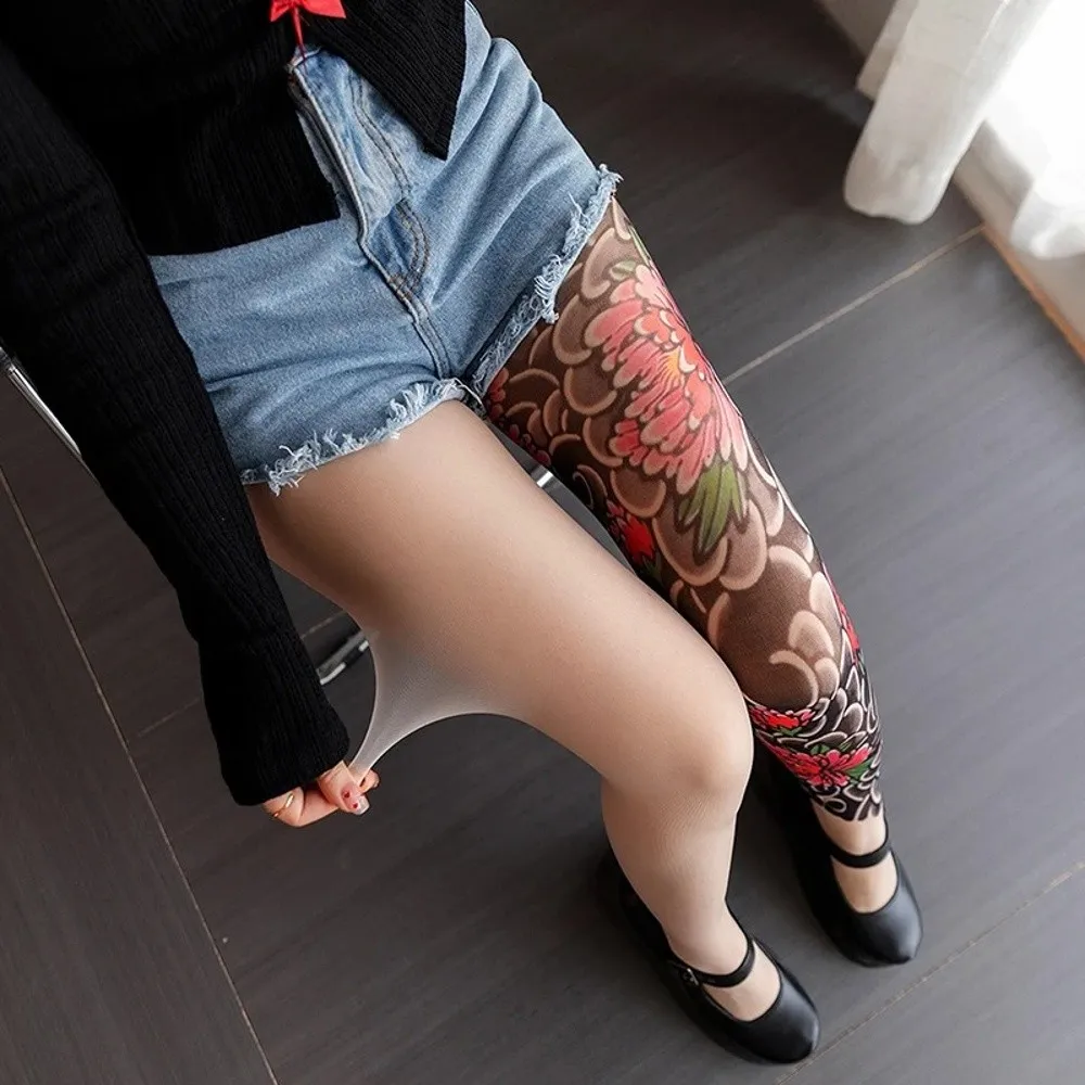 Sexy Fake Tattoo Peony Mesh Tights – Sheer Printed Pantyhose 16 658491378