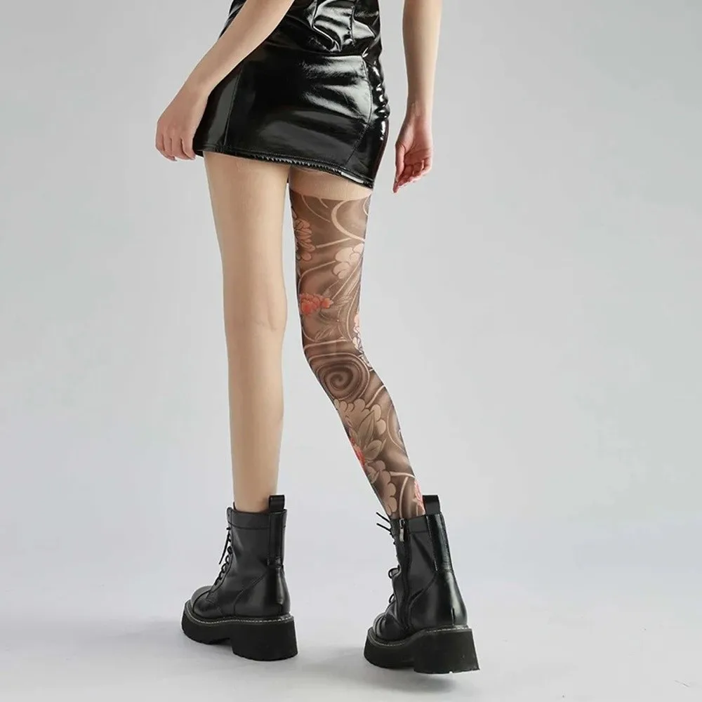 Sexy Fake Tattoo Peony Mesh Tights – Sheer Printed Pantyhose 12 680782673